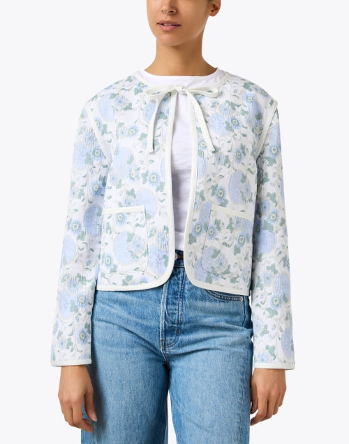 Stylish Iris Blue Floral Embroidered Tie - Neck Jacket