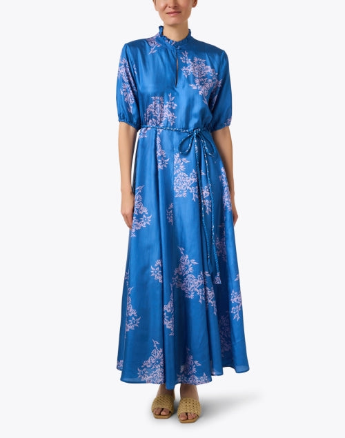 Stylish Blue Floral Patterned Silk Women's Dress