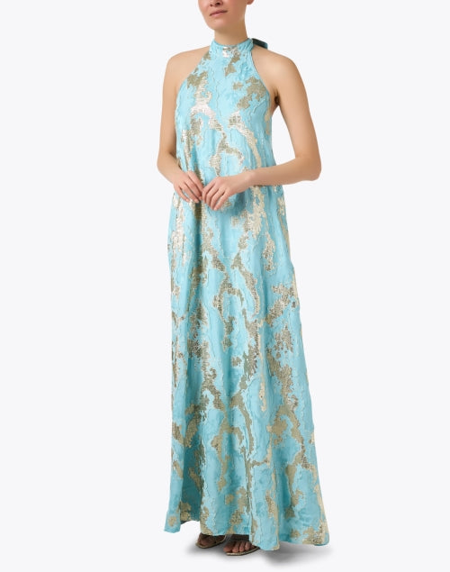 Elegant Adelina Turquoise and Gold-Colored Jacquard Evening Dress
