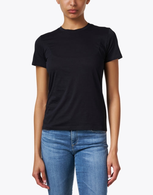 Navy-Colored Pure Cotton Short-Sleeved Crew Neck Hip-Length T-Shirt