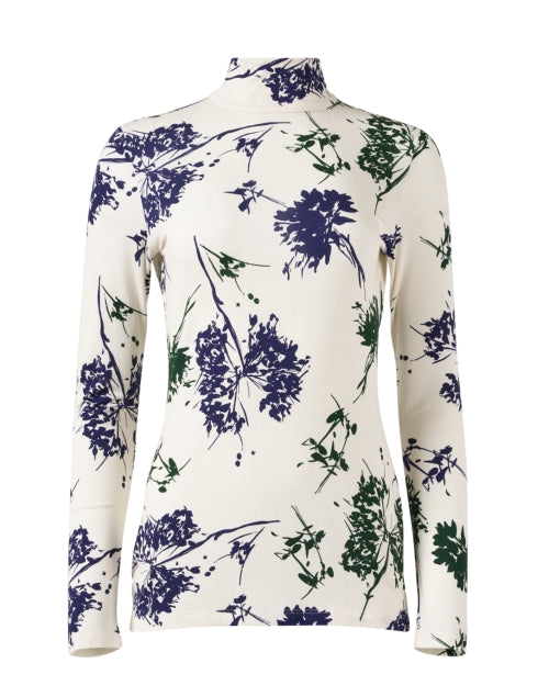 Ivory Floral Printed Women's Turtleneck Stretch Jersey Knit Top