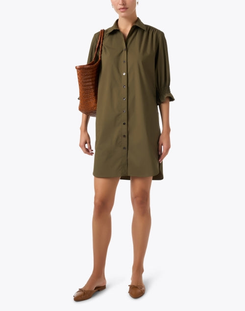 Stylish Olive Green Cotton Shirt Dress by Miller with Ruffle Cuffs