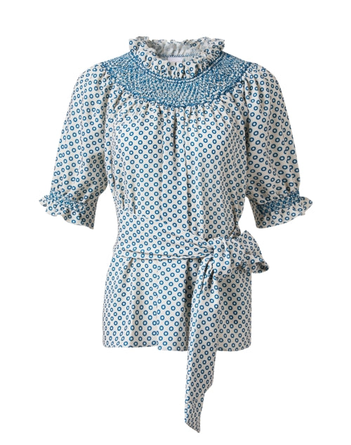 Charming Maria Blue Dotted Self - Tie Ruffle Neck Blouse