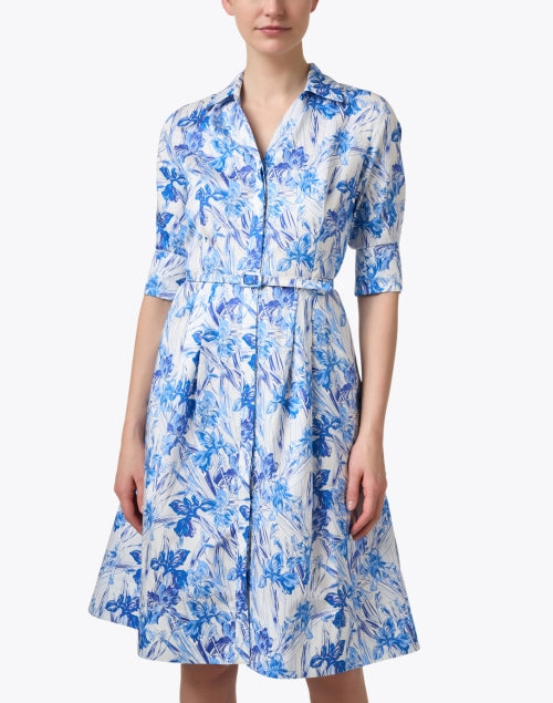 Stylish Blue and White Floral Print 100% Cotton Women's Shirt Dress for Daytime Events