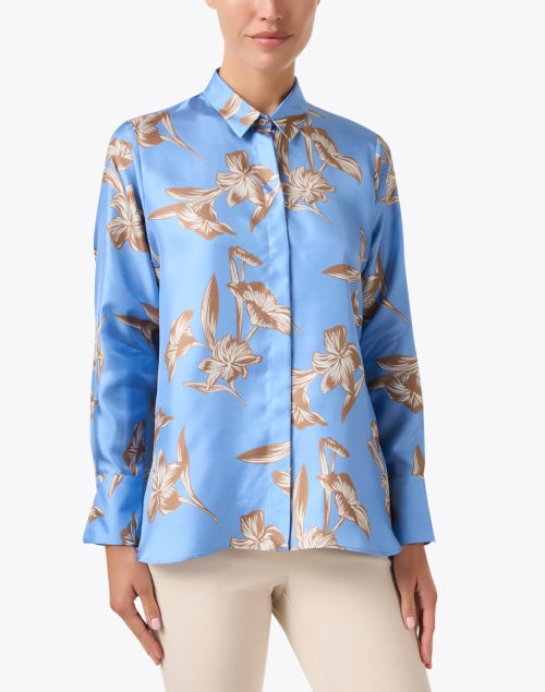 Stylish Lightweight Blue Silk Blouse with Floral Block Print
