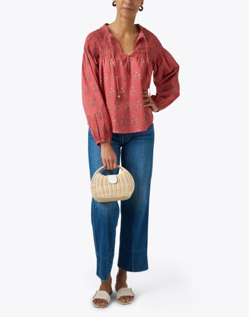 Stylish Carmen Red Block - Printed 100% Cotton Women's Blouse for Warm Days