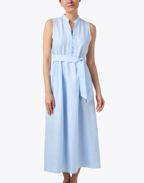 Elegant Blue 100% Linen A-Line Dress with Mandarin Collar