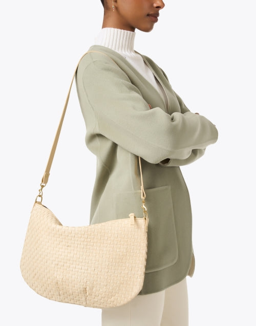 Medium-Sized Cream-Colored Woven Leather Messenger Handbag