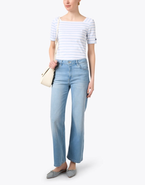 Stylish Light Blue and White Striped Cotton Square - Neck Short - Sleeve Top