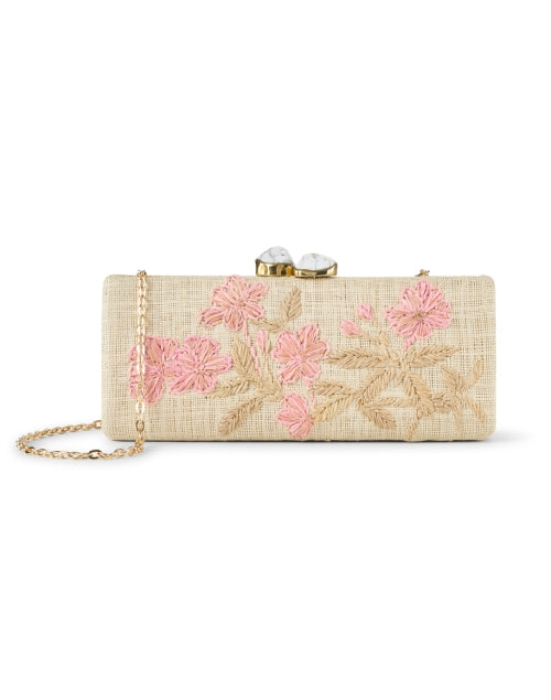 Exquisite Alessandra Pink Floral Embroidered Raffia Clutch with Ivory Stone Clasp