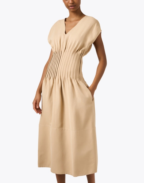 Elegant Beige Linen Blend Pleated Midi Dress