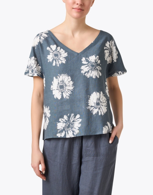 Stylish Grey Floral Patterned Linen Women's Top for Spring and Summer