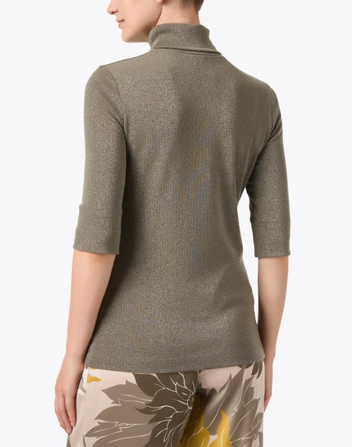 Marc Cain Olive Green Short Sleeve Knit Turtleneck Top with Shimmering Lurex Finish