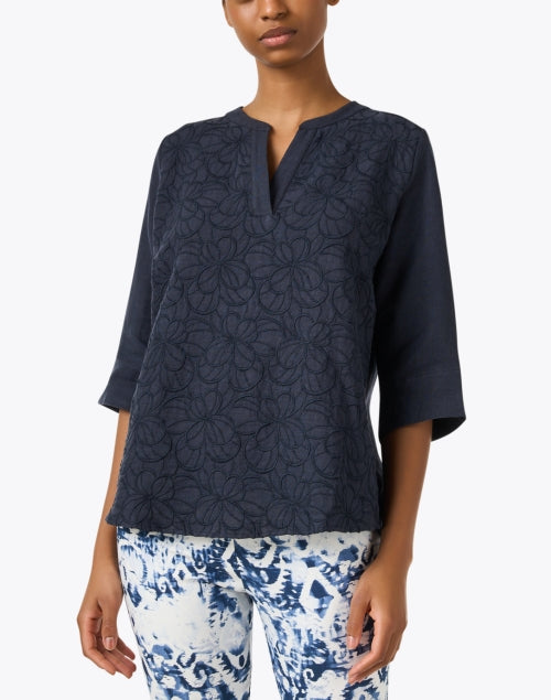 Stylish Navy Floral Embroidered Featherweight Linen Blouse