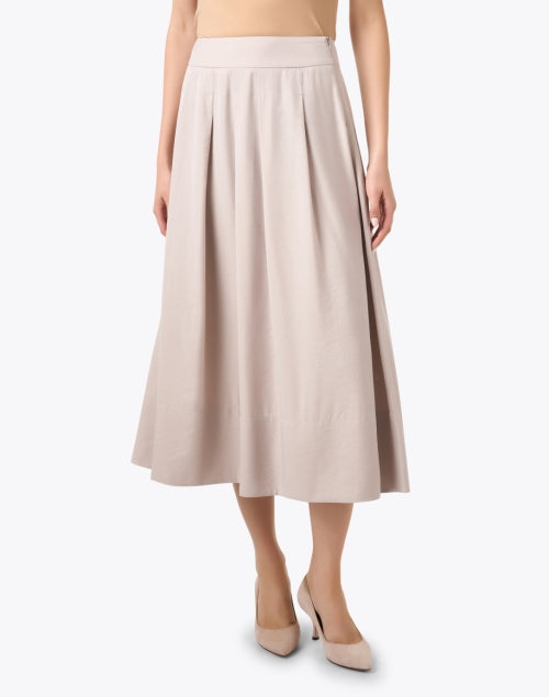 Stylish Beige Twill Midi Skirt with Elastic Waist and Soft Pleats