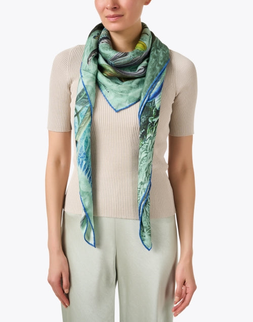 Exquisite Green Hummingbird Patterned Cashmere-Silk-Wool Blend Scarf