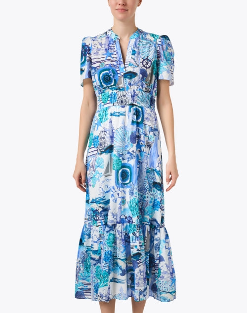Vilagallo Leila Blue Multicolored Print Cotton Midi Dress