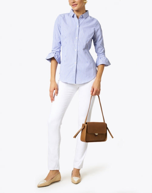 Navy and White Striped Cotton Blend Button - Down Women's Top for Everyday Wear