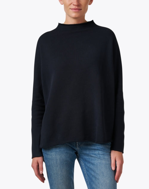Effie Navy Cotton Casual Funnel Neck Knitted Sweatshirt for Fall