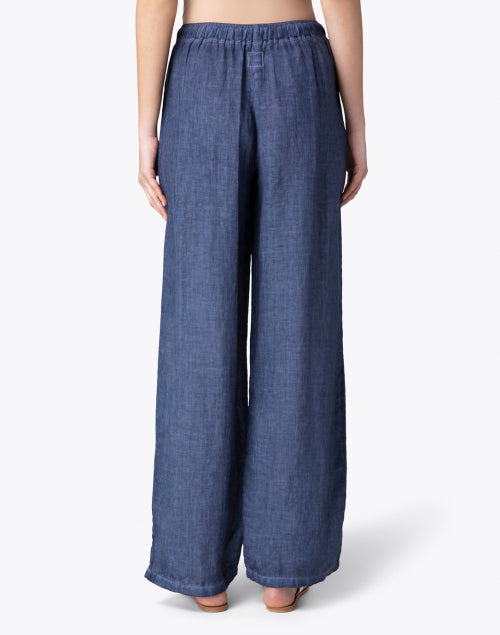 Comfortable Dark Blue Linen Wide-Leg Drawstring Casual Pants