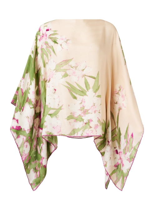 Pink Floral Patterned Luxury Cashmere Silk Women's Poncho Shawl