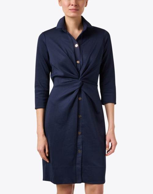 Stylish Navy Quarter - Sleeve Knee - Length Twist Shirt Dress