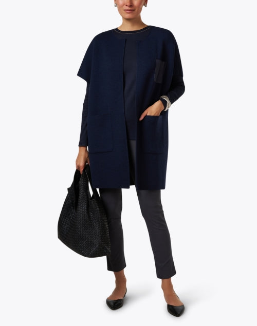 Luxurious Navy 100% Wool Cardigan with Leather Pocket and Elegant Closure