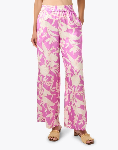 Exquisite Purple Floral Print Silk Satin Wide - Leg Jade Pants