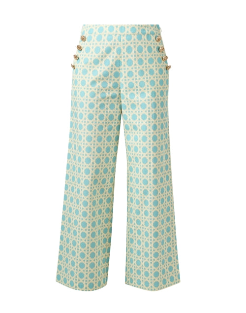 Antonella Women's Wide Leg Cotton Pants with Blue Basketweave Pattern and Gold Button Detailing