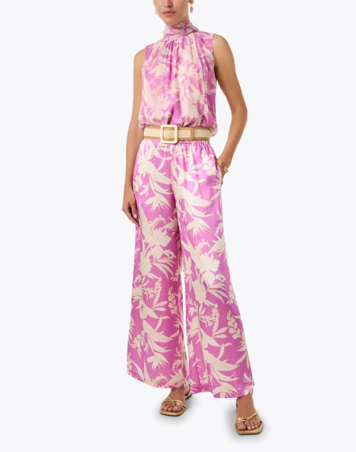 Exquisite Purple Floral Print Silk Satin Wide - Leg Jade Pants