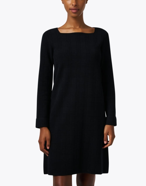 Stunning Black Textured Check Knee-Length Wool Blend Dress