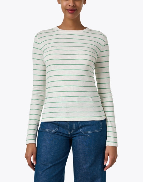 Elegant Ivory and Green Striped Women's Long Sleeve Top for Versatile Layering