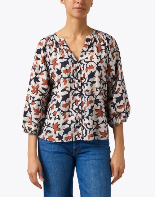 Mitte Cotton Top with Navy and Orange Print - A Fashionable Women's Blouse