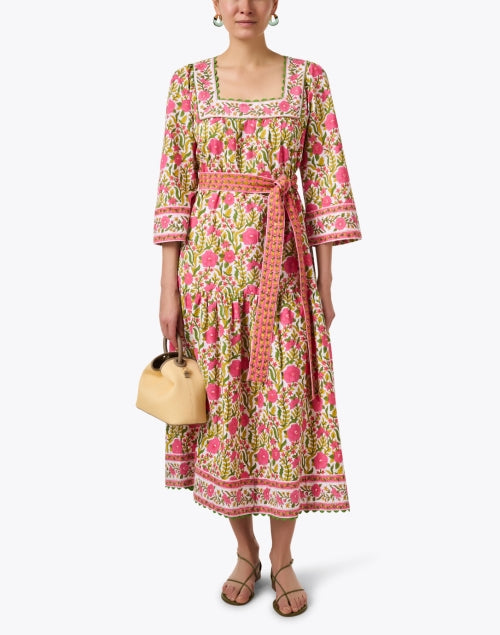 Stylish Hippie-inspired Pink and Green Floral Women's Midi Dress