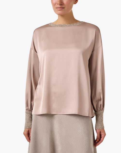 Elegant Beige Satin Long Sleeve Top with Sequin Accents