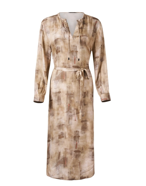 Stylish Beige and White Printed Twill Women's Dress for Fall