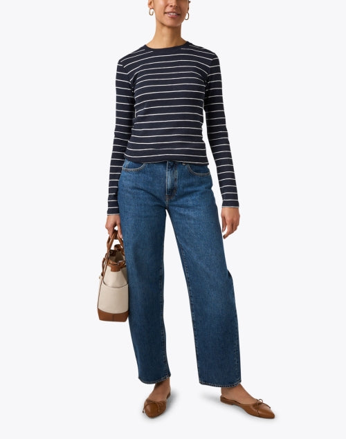 Stylish Navy and White Striped Women's Long Sleeve Top for Layering