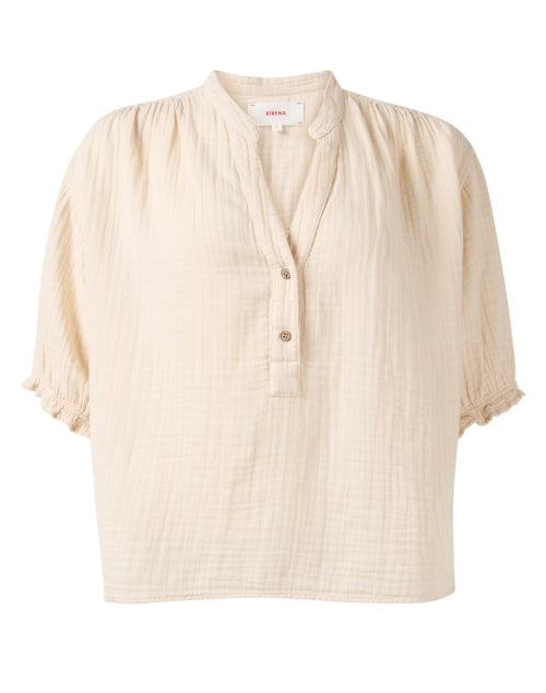 Taye Women's Beige Casual 100% Cotton Gauze Collared Top for Warm Weather