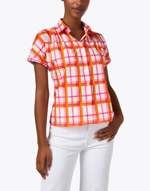 Stretchy Orange and Pink Plaid Cotton Shirt for Spring and Summer