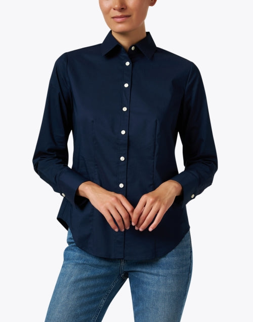 Stylish Navy Lightweight Stretch Cotton Button Front Diane Blouse