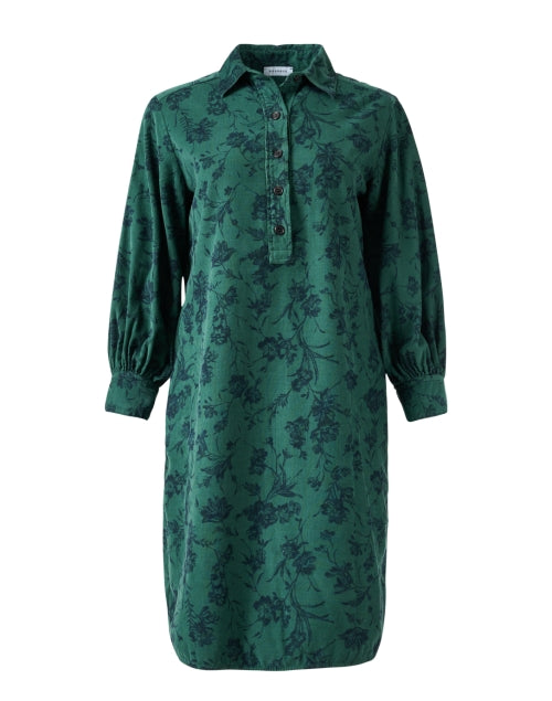 Elegant Green Floral Printed Cotton Corduroy Women's Dress