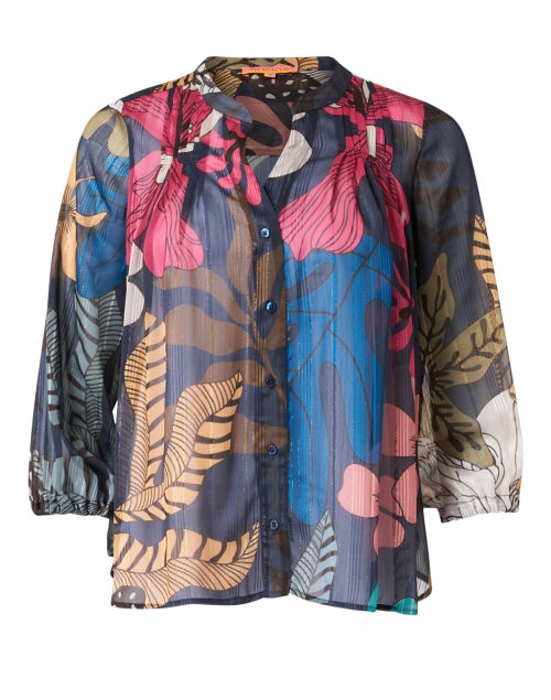 Vilagallo Women's Multicolored Metallic Leaf Print Blouse with Lurex Accents