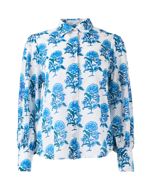 Norwegian Blue and White Floral Patterned 100% Cotton Women's Shirt