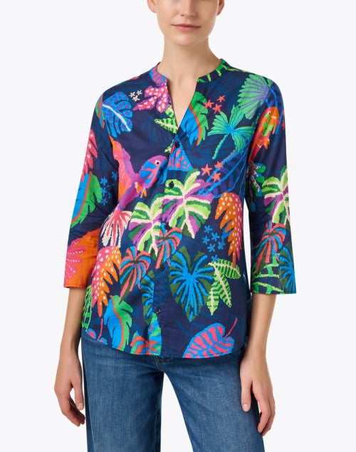 Juliet Navy Women's Tropical Print Button-Front Blouse for a Carefree Look