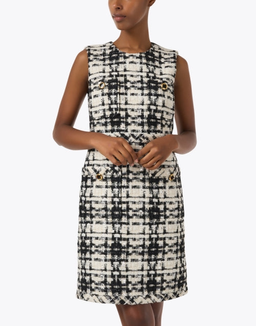 Stylish Black and White Checkered Tweed Mini Shift Dress for Women