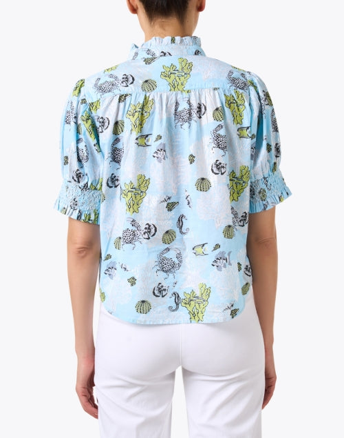 Orla Blue Reef Patterned Women's Cotton Top with Ruffle Neck and Puff Sleeves