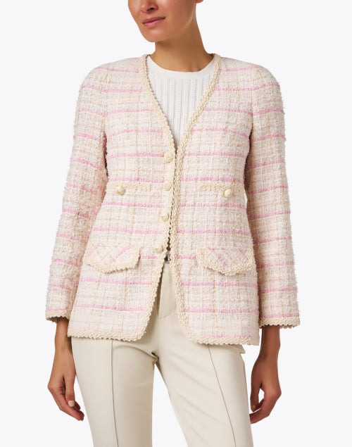 Stylish Beige and Pink Tweed Braided Trim V-Neck Jacket by Edward Achour