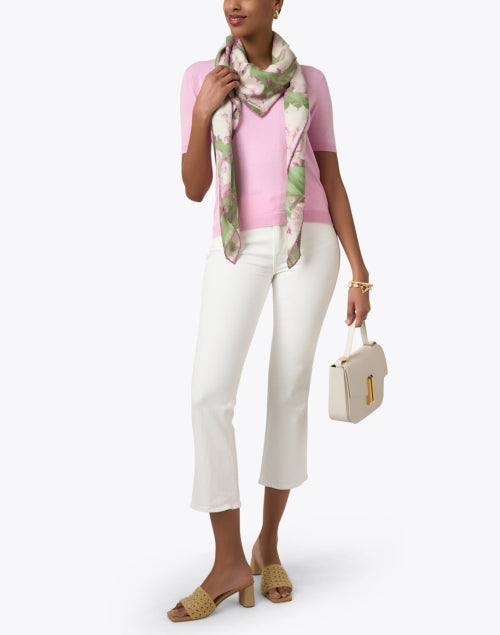 Stylish Pink Floral Patterned Wool, Cashmere, and Silk Blend Scarf for Women