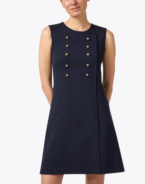 Navy Sybil Mini Shift Dress with Gold Button Details