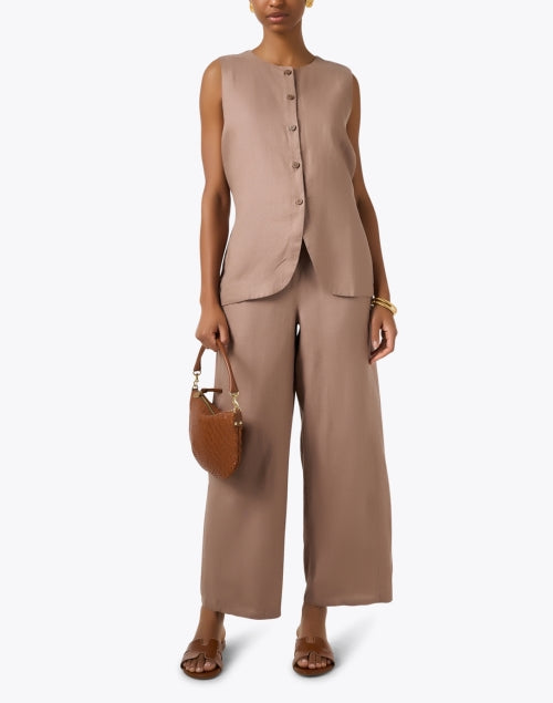 Stylish Taupe-colored Linen Wide-leg Ankle-length Women's Pants